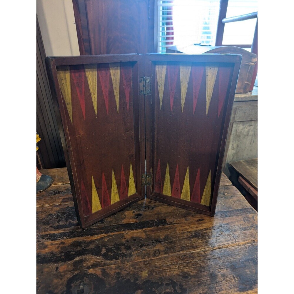 Early Handmade Checkers Backgammon Folding Board Wood Original Paint